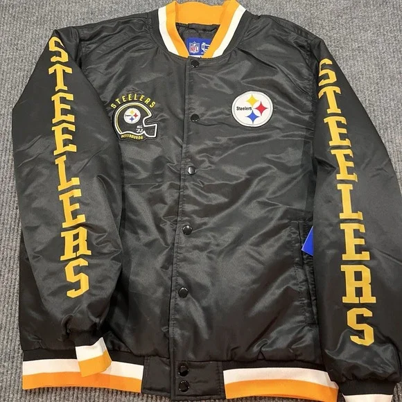 Pittsburgh Steelers Ultra Game NFL Mens Medium Satin Bomber Jacket Snap New